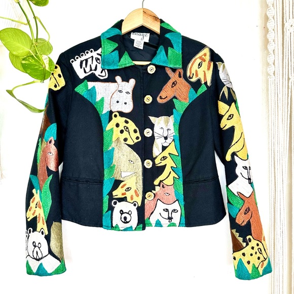 Anage Jackets & Coats Vtg Art To Wear Embroidered Safari Zoo Animal